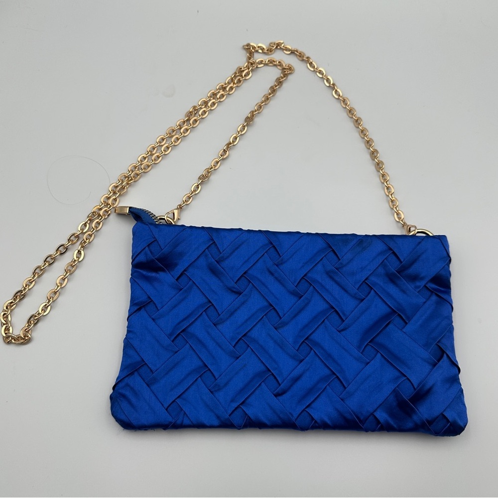Women’s Blue Satin Woven Clutch Bag With A Detachable Gold Chain Strap